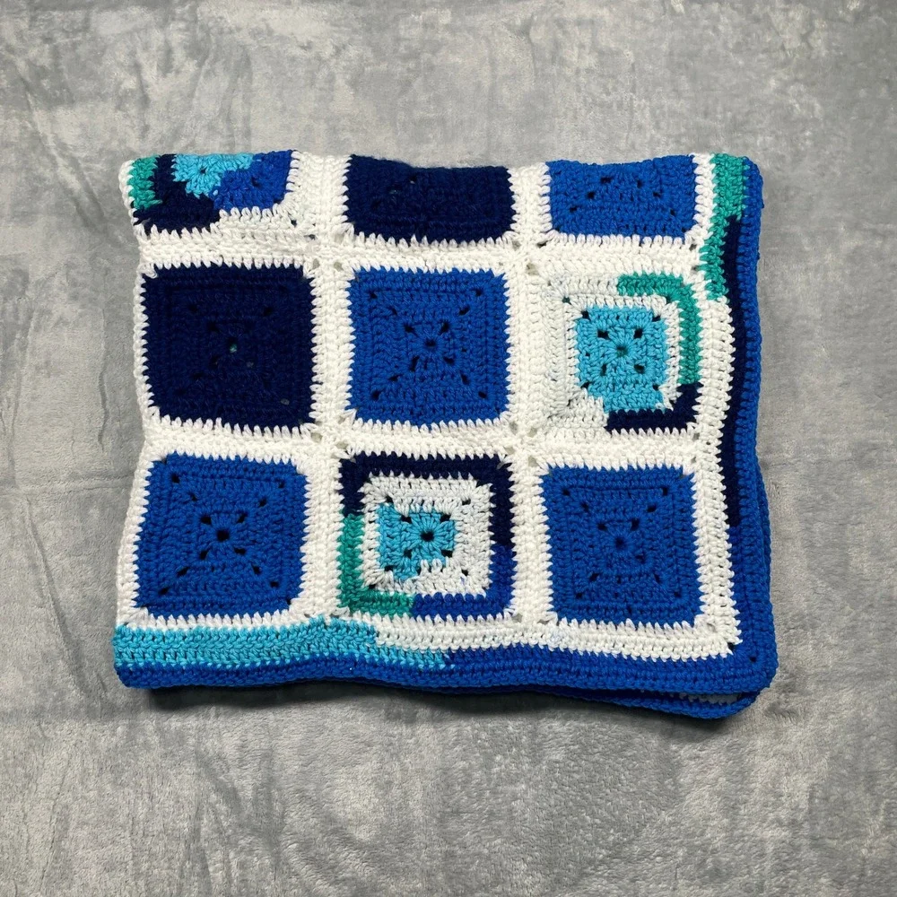 Handmade Granny Square Crochet Blanket Blue White Teal Throw Cozy 39 x 32